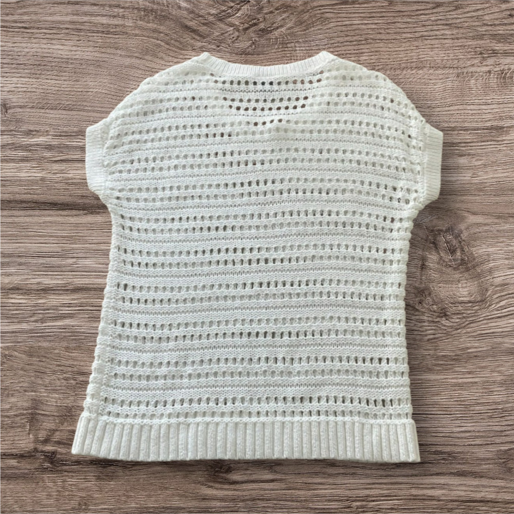 Ann Taylor White Linen Blend Open-Knit Short-Sleeve Sweater Ribbed Hem Size XL - Picture 2 of 5